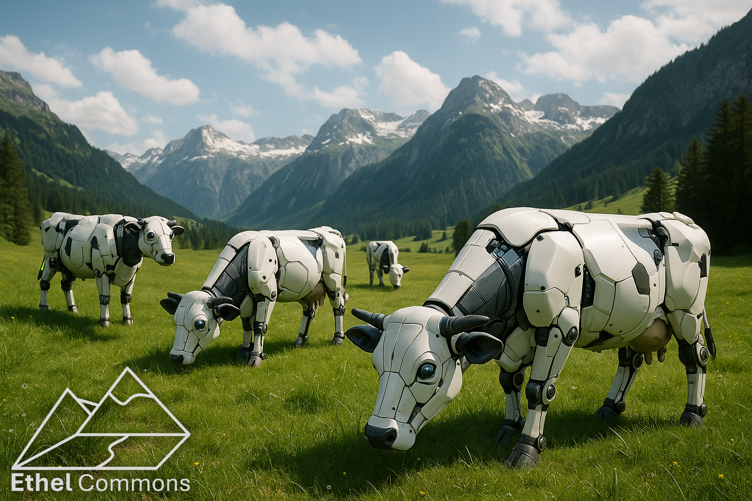 AI-generated image of android cows grazing on a commons in Switzerland.